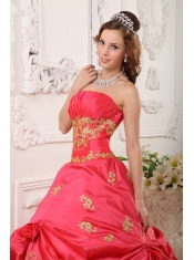 Elegant A-line Strapless Floor-length Taffeta Beading and Appliques Red Quinceanera Dress