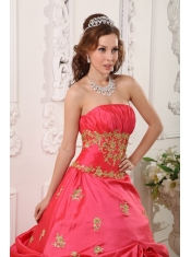 Elegant A-line Strapless Floor-length Taffeta Beading and Appliques Red Quinceanera Dress