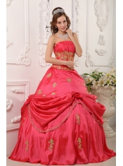 Elegant A-line Strapless Floor-length Taffeta Beading and Appliques Red Quinceanera Dress