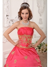 Elegant A-line Strapless Floor-length Taffeta Beading and Appliques Red Quinceanera Dress