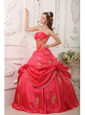 Elegant A-line Strapless Floor-length Taffeta Beading and Appliques Red Quinceanera Dress