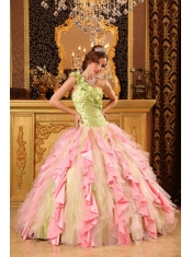 Elegant Ball Gown One Shoulder Floor-length Taffeta And Organza Beading And Ruffles Quinceanera Dress