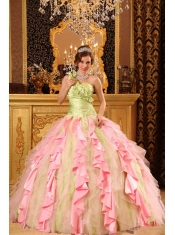 Elegant Ball Gown One Shoulder Floor-length Taffeta And Organza Beading And Ruffles Quinceanera Dress