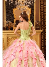 Elegant Ball Gown One Shoulder Floor-length Taffeta And Organza Beading And Ruffles Quinceanera Dress