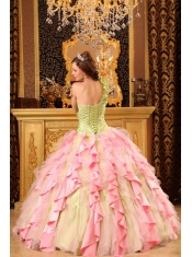 Elegant Ball Gown One Shoulder Floor-length Taffeta And Organza Beading And Ruffles Quinceanera Dress