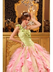 Elegant Ball Gown One Shoulder Floor-length Taffeta And Organza Beading And Ruffles Quinceanera Dress