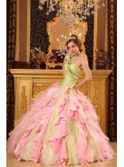 Elegant Ball Gown One Shoulder Floor-length Taffeta And Organza Beading And Ruffles Quinceanera Dress