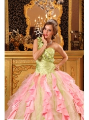 Elegant Ball Gown One Shoulder Floor-length Taffeta And Organza Beading And Ruffles Quinceanera Dress