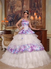 Elegant Ball Gown Straps Floor-length Hand Flowers Organza and Printing Quinceanera Dress