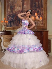 Elegant Ball Gown Straps Floor-length Hand Flowers Organza and Printing Quinceanera Dress