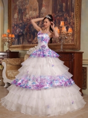 Elegant Ball Gown Straps Floor-length Hand Flowers Organza and Printing Quinceanera Dress