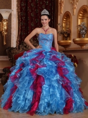 Exclusive Aqua and Wine Red Sweetheart Organza Beading Ball Gown Quinceanera Dress