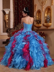 Exclusive Aqua and Wine Red Sweetheart Organza Beading Ball Gown Quinceanera Dress