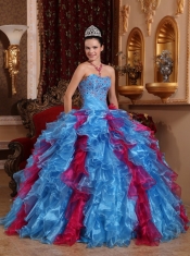 Exclusive Aqua and Wine Red Sweetheart Organza Beading Ball Gown Quinceanera Dress