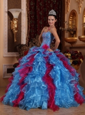 Exclusive Aqua and Wine Red Sweetheart Organza Beading Ball Gown Quinceanera Dress