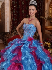 Exclusive Aqua and Wine Red Sweetheart Organza Beading Ball Gown Quinceanera Dress