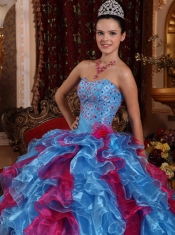 Exclusive Aqua and Wine Red Sweetheart Organza Beading Ball Gown Quinceanera Dress