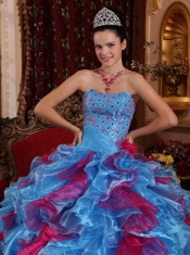 Exclusive Aqua and Wine Red Sweetheart Organza Beading Ball Gown Quinceanera Dress