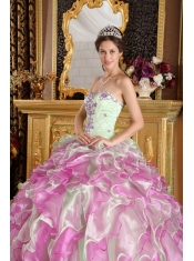 Fuchsia and Apple Green Ball Gown Sweetheart Floor-length Organza Appliques Quinceanera Dress