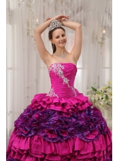 Fuchsia Ball Gown Straplesas Floor-length Taffeta Appliques and Ruch Quinceanera Dress