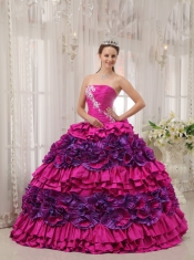 Fuchsia Ball Gown Straplesas Floor-length Taffeta Appliques and Ruch Quinceanera Dress