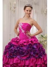 Fuchsia Ball Gown Straplesas Floor-length Taffeta Appliques and Ruch Quinceanera Dress