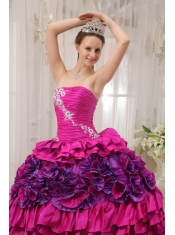 Fuchsia Ball Gown Straplesas Floor-length Taffeta Appliques and Ruch Quinceanera Dress