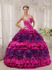 Fuchsia Ball Gown Straplesas Floor-length Taffeta Appliques and Ruch Quinceanera Dress