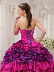 Fuchsia Ball Gown Straplesas Floor-length Taffeta Appliques and Ruch Quinceanera Dress