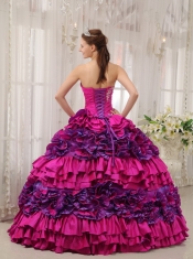Fuchsia Ball Gown Straplesas Floor-length Taffeta Appliques and Ruch Quinceanera Dress
