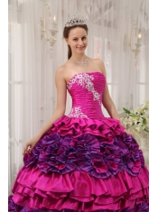 Fuchsia Ball Gown Straplesas Floor-length Taffeta Appliques and Ruch Quinceanera Dress