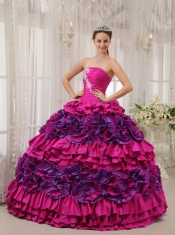 Fuchsia Ball Gown Straplesas Floor-length Taffeta Appliques and Ruch Quinceanera Dress