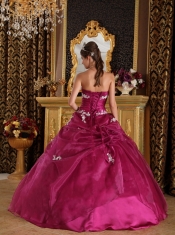 Fuchsia Ball Gown Strapless Floor-length Organza and Satin Appliques Quinceanera Dress