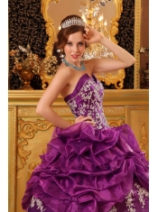 Fuchsia Ball Gown Strapless Floor-length Organza Appliques  Quinceanera Dress