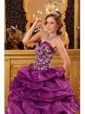 Fuchsia Ball Gown Strapless Floor-length Organza Appliques  Quinceanera Dress