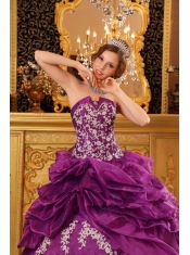 Fuchsia Ball Gown Strapless Floor-length Organza Appliques  Quinceanera Dress