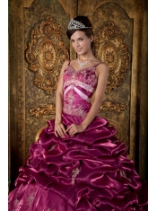 Fuchsia Ball Gown Straps Floor-length Taffeta Beading Quinceanera Dress