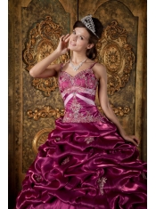 Fuchsia Ball Gown Straps Floor-length Taffeta Beading Quinceanera Dress