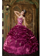 Fuchsia Ball Gown Straps Floor-length Taffeta Beading Quinceanera Dress