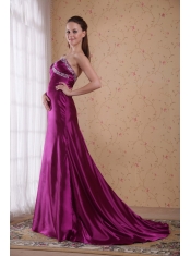 Fuchsia Column / Sheath Sweetheart Brush Train Elastic Woven Satin Beading and Pleat Prom Dress
