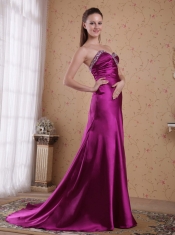 Fuchsia Column / Sheath Sweetheart Brush Train Elastic Woven Satin Beading and Pleat Prom Dress