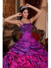 Fuchsia Straps Ball Gown Satin Embroidery with Beading Quinceanera Dress