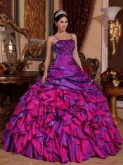 Fuchsia Straps Ball Gown Satin Embroidery with Beading Quinceanera Dress