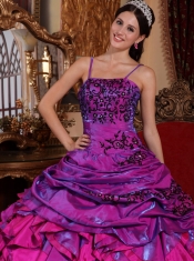 Fuchsia Straps Ball Gown Satin Embroidery with Beading Quinceanera Dress