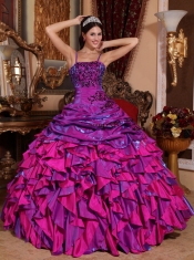 Fuchsia Straps Ball Gown Satin Embroidery with Beading Quinceanera Dress