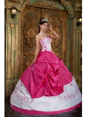 Fushsia Ball Gown Strapless Floor-length Embroidery Satin Quinceanera Dress