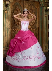 Fushsia Ball Gown Strapless Floor-length Embroidery Satin Quinceanera Dress