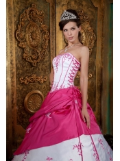 Fushsia Ball Gown Strapless Floor-length Embroidery Satin Quinceanera Dress