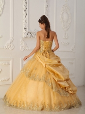 Gold A-Line / Princess Sweetheart Floor-length Taffeta and Tulle Beading Quinceanera Dress