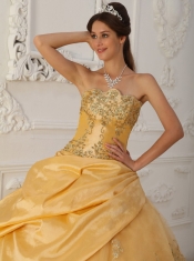 Gold A-Line / Princess Sweetheart Floor-length Taffeta and Tulle Beading Quinceanera Dress